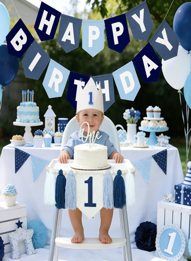 DCJHFJ Felt Navy Blue Happy Birthday High Chair Banner Pre-Strung Birthday Hanging Decoration For Baby Boy 1st Birthday Party Decorations - Image 2
